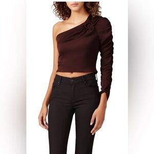Brown Maroon Sateen One Shoulder Ruched Crop Top Long Sleeve Back Zip S